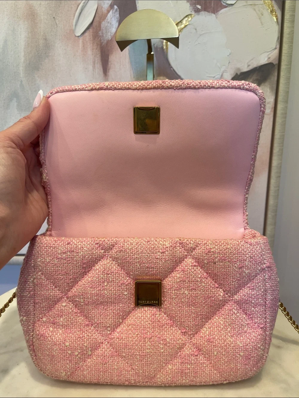 Tory Burch Quilted Tweed Mini Top Handle with Crossbody in Pink